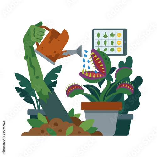 Zombie Gardening Scene with Autumn Plants and Halloween Harvest