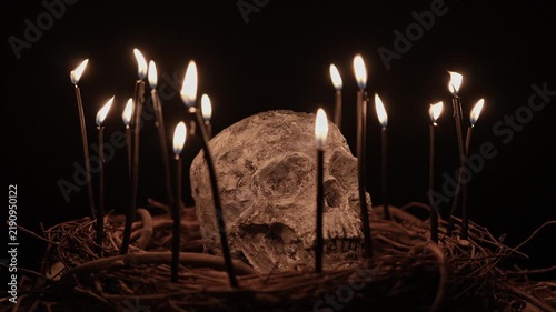 Skull with black witchcraft candles surrounded and tree twigs and branches on black background. Slow motion shot of flames on wicks. Witchcraft ritual and magic alchemy human skull for Halloween