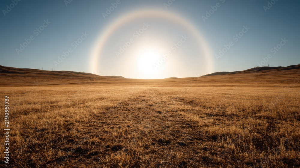Obraz premium Solar Halo over a Dry Field: A breathtaking atmospheric phenomenon, a solar halo, arches over a vast, sun-drenched field of dry grass under a clear blue sky, evoking a sense of awe and wonder.