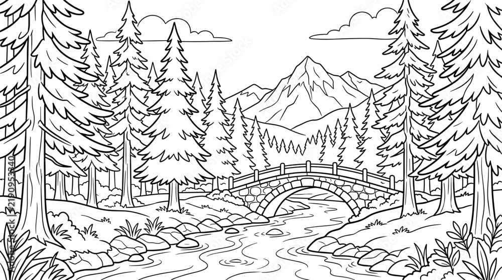 Naklejka premium Black and white vector illustration of a forest landscape with a stone bridge over a river and mountains in the background.
