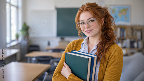 A smiling redheaded student with freckles and clear glasses holds books in a sunlit classroom, wearing a mustard cardigan over a striped shirt.