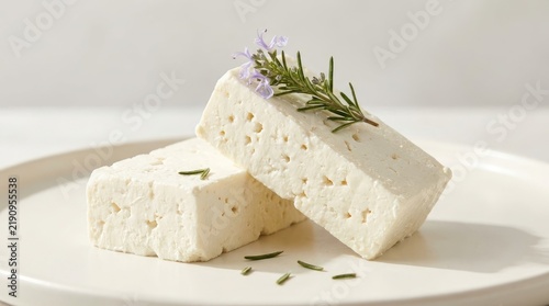 Fresh white feta cheese blocks garnished with fragrant rosemary sprigs arranged elegantly on a clean ceramic plate against light background