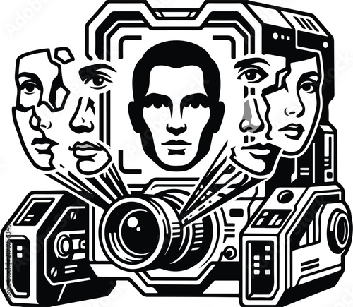 Futuristic surveillance camera system with facial recognition technology.