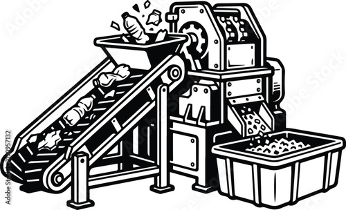 Industrial plastic bottle shredding and recycling machine line illustration.