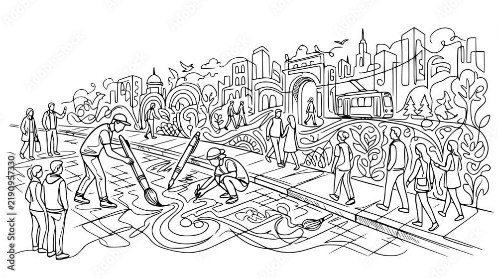 Fototapeta premium Urban Artistry: Artists Create Street Mural with Cityscape Background
