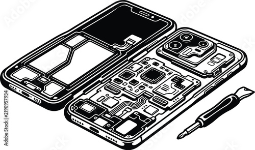 Smartphone disassembly line art illustration with internal components and tools.