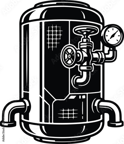 Industrial storage tank vector illustration with valves and pressure gauge.