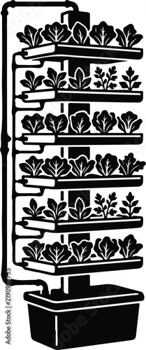 Vertical hydroponic farming system illustration with multiple stacked plant trays.