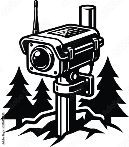 Vector illustration of a solar powered wildlife trail camera in a forest.