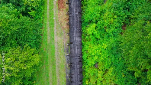 Summer aerial view featuring the 3.4 mile long wooden penstock in Vermont known as The Snake that runs from the Searsburg Dam to a generating station along the Deerfield River with an 8 foot diameter