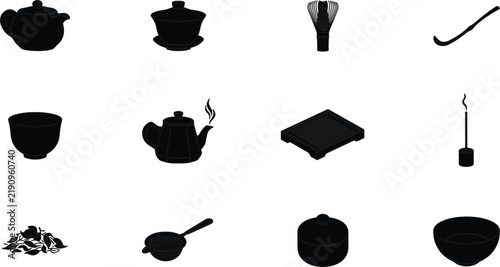 Traditional Tea Ceremony Silhouette Icon Set with Japanese Matcha Whisk Teapots Bowls and Incense Elements for Restaurant Menus Packaging and Cultural Designs