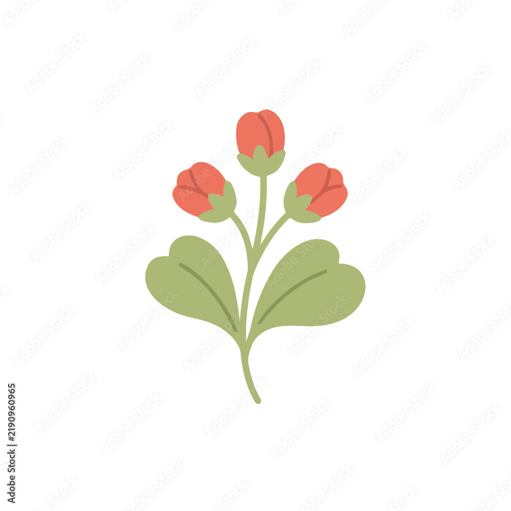 Fototapeta premium Stylized plant with red buds and green leaves
