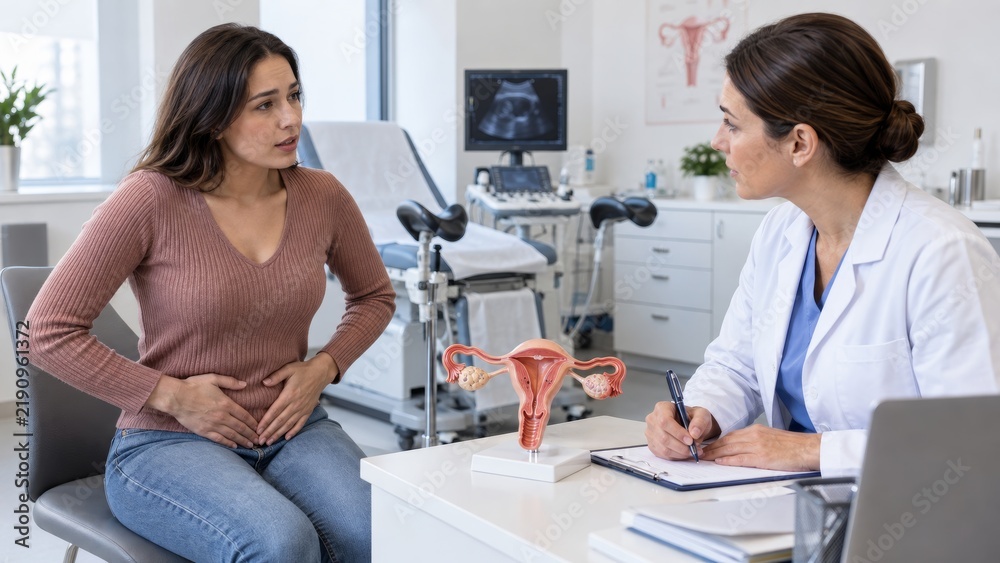 Fototapeta premium Woman discussing lower abdominal symptoms with gynecologist in medical office. concept of women's health, medical consultation, gynecology appointment