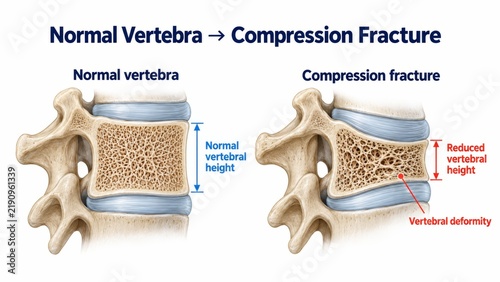 Cross section of vertebra showing normal vs. compression fracture in osteoporosis on white background. concept of bone health, spinal anatomy, medical illustration