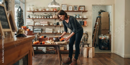 Woman arranging autumn decorations on a table in a cozy boutique shop, happy halloween, halloween celebration theme