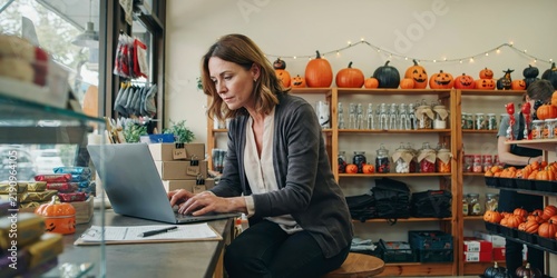 Small business owner working on laptop in a shop decorated for halloween, happy halloween, halloween celebration theme