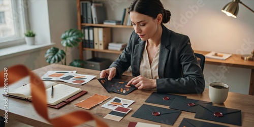 Professional woman working on custom stationery design with wax seals at office desk, happy halloween, halloween celebration theme