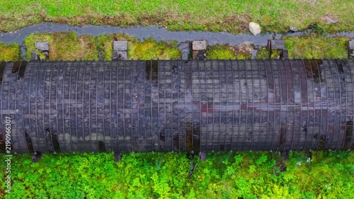Summer aerial view featuring the 3.4 mile long wooden penstock in Vermont known as The Snake that runs from the Searsburg Dam to a generating station along the Deerfield River with an 8 foot diameter
