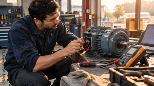 A mechanic is diagnosing a compact electric motor in a service workshop; asymmetrical editorial layout.