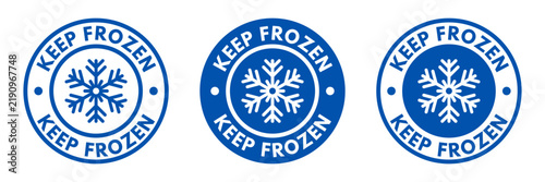 keep frozen food package label, frozen product symbol, blue round vector rubber stamp, snowflake inside