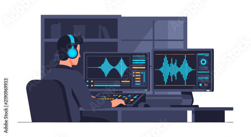 Professional sound engineer working in a modern music studio with digital audio workstation and dual monitor setup