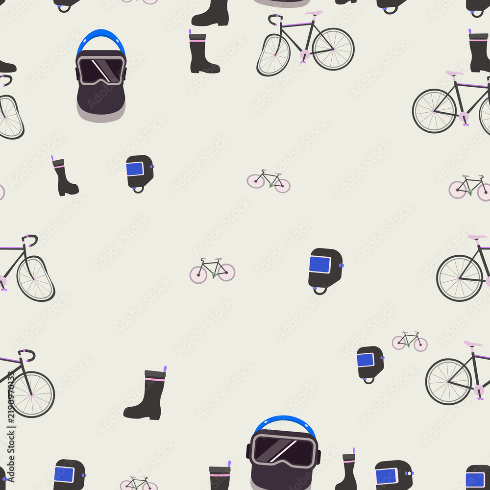 Seamless pattern of welding masks and bicycles