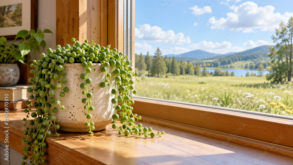Obraz premium Potted String of Pearls Succulent Plant on Wooden Window Sill Overlooking Scenic Meadow, Lake, and Mountain Landscape