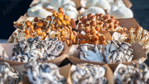 Fresh pioppino mushroom. Flea market, or wet market are places where local crops are sold. The mushroom is commonly grown in temperature weather. Rich in nutrition, can be stir fried or steamed.  