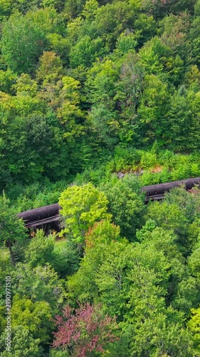 Summer aerial view featuring the 3.4 mile long wooden penstock in Vermont known as The Snake that runs from the Searsburg Dam to a generating station along the Deerfield River with an 8 foot diameter