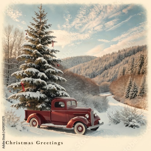 Vintage Red Truck with Christmas Tree in Snowy Winter Landscape and Scenic Mountains