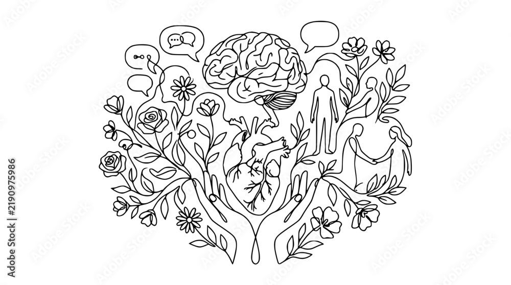 Obraz premium Human mind, heart, connection, growth, abstract line art, transparent background