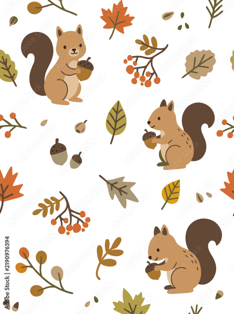 Fototapeta premium Cute Autumn Squirrel Seamless Pattern with Leaves and Acorns