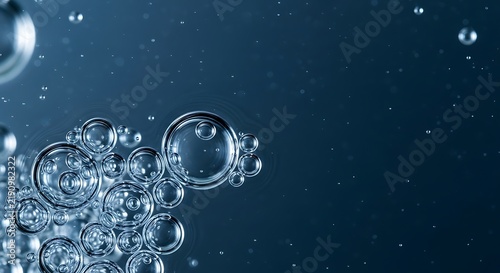 Close Up View Of Water Droplets Floating In Clear Liquid With Bubbles And Reflective Surfaces