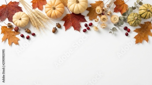 Fall season border frame with small pumpkins, dried wheat, red maple leaves, acorns, and berries on a white background, view composition
