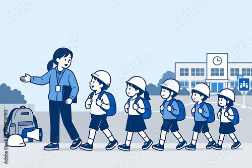 小学生が参加する防災訓練・避難訓練のイラストレーション｜小学生、児童、防災、避難訓練、学校、防災教育、地震対策、ヘルメット
