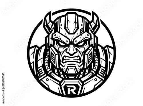 Robotic Warrior Head Icon, Sci-Fi Cyborg with Angry Expression, Vector Art