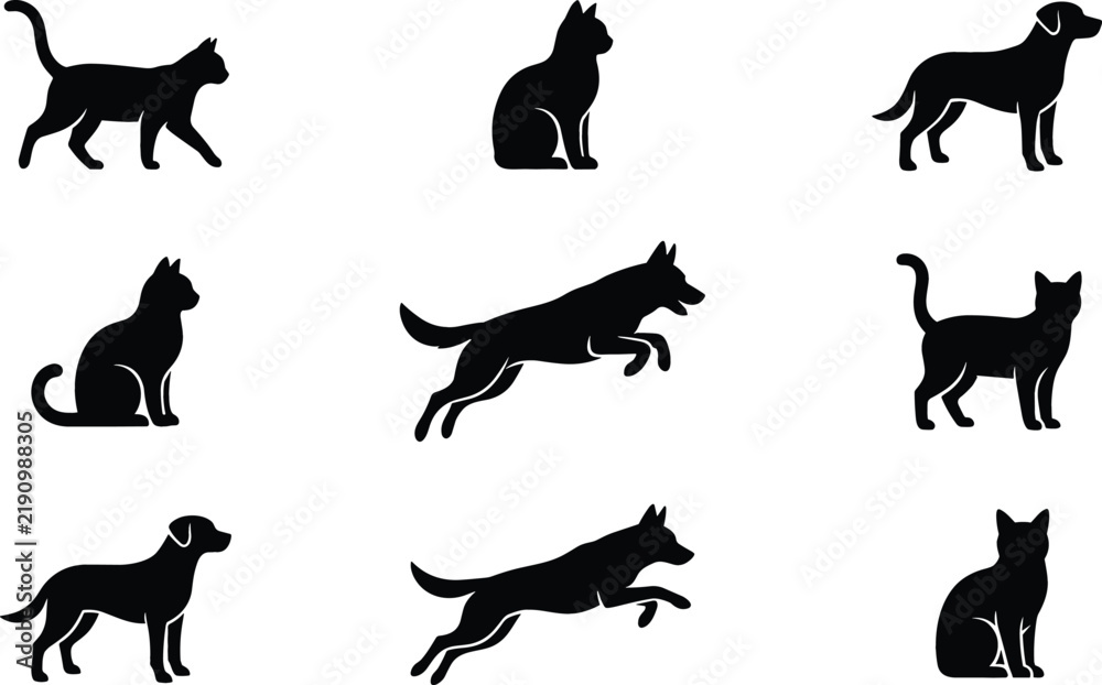 Obraz premium Domestic pets silhouette collection featuring various breeds of cats and dogs walking sitting and jumping vector illustration