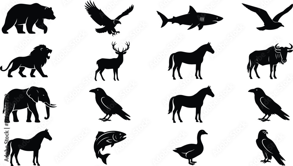 Obraz premium Wild nature wildlife silhouette graphic elements bundle featuring mammals birds predators and marine fish species vectors collection