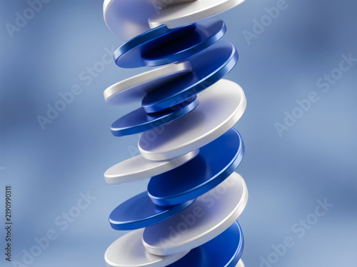 Abstract spiral column made of stacked blue and white circular discs in a modern digital art style