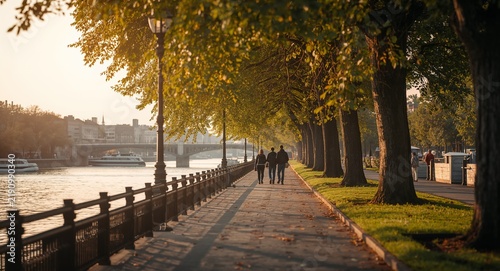 Residents embark on leisurely afternoon walk along tree?lined riverside promenade under soft golden sunlight with gentle breeze rustling leaves capturing serene urban