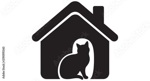 Cat silhouette inside a house shape a black icon on a white background