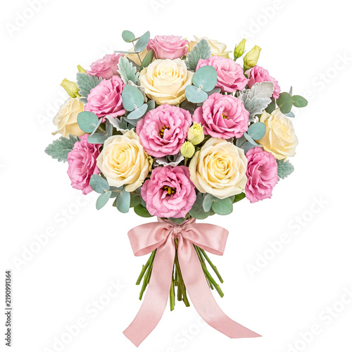 Fotografie Round bouquet of pink eustoma and yellow roses with dusty miller