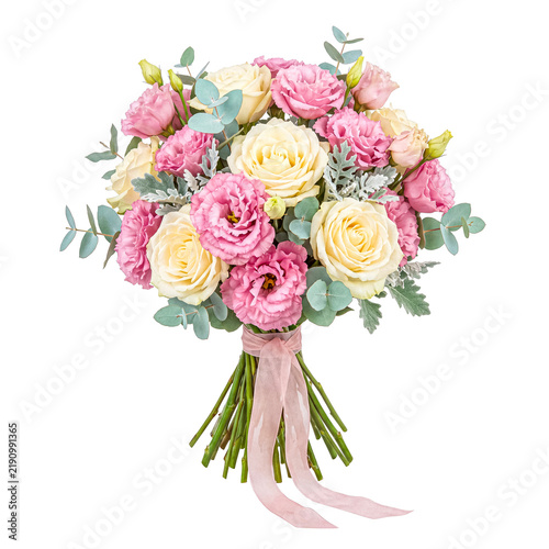 Fotografie Round bouquet of pink eustoma and yellow roses with dusty miller