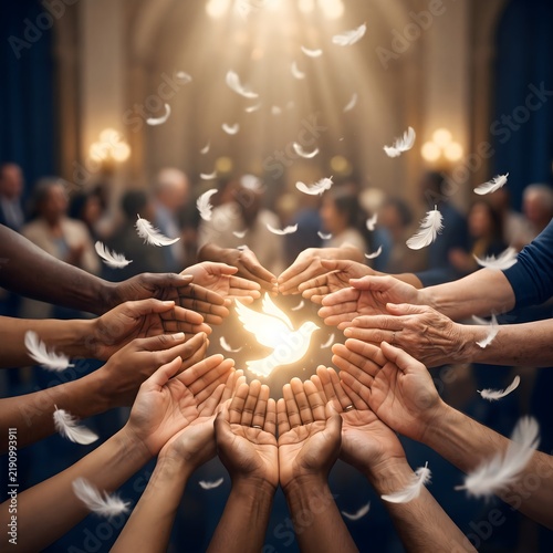 Global Peace and Unity Concept with Human Hands and White Dove