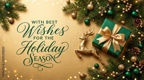 Christmas greeting card with best wishes for the holiday season on a golden background with festive decorations