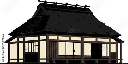Traditional Japanese farmhouse with thatched roof flat illustration