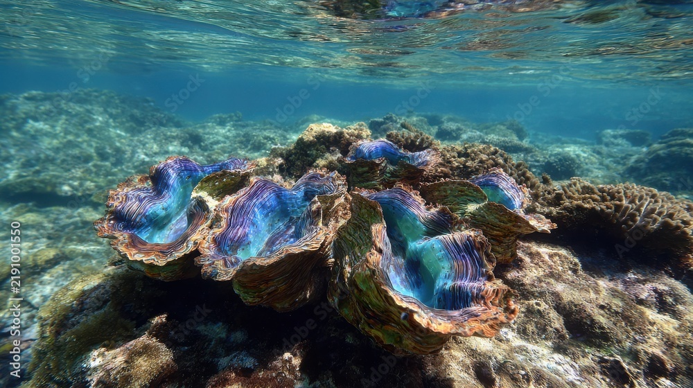 Fototapeta premium Vibrant Underwater Scene of Colorful Giant Clams in Coral Reef