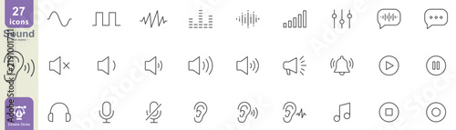 Sound line icon set including waveforms, speakers, headphones, microphones, volume controls, and audio symbols editable stroke