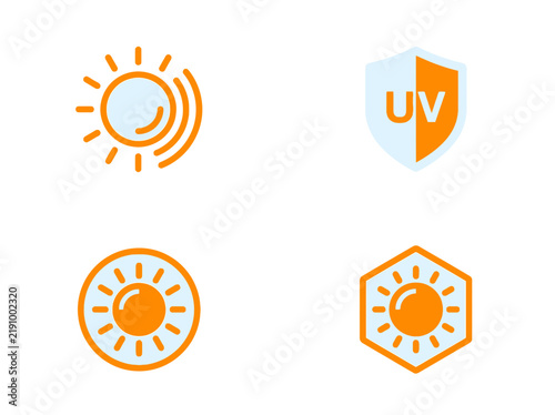 Set of Four Minimalist Orange Sun and UV Protection Shield Icons for Skin Care and Climate Weather Forecasting Web Graphics
