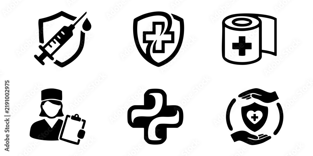 Obraz premium A collection of vector medical and healthcare icons, featuring syringes, shields, nurses, and crosses in a modern black and white design style